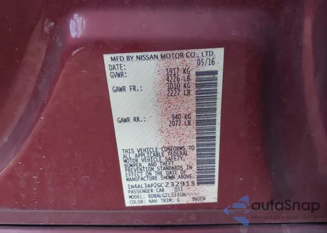 2016 Nissan Altima 2.5/2.5 S/2.5 Sl/2.5 Sr/2.5 Sv из США, поврежденный, VIN 1N4AL3AP2GC232915